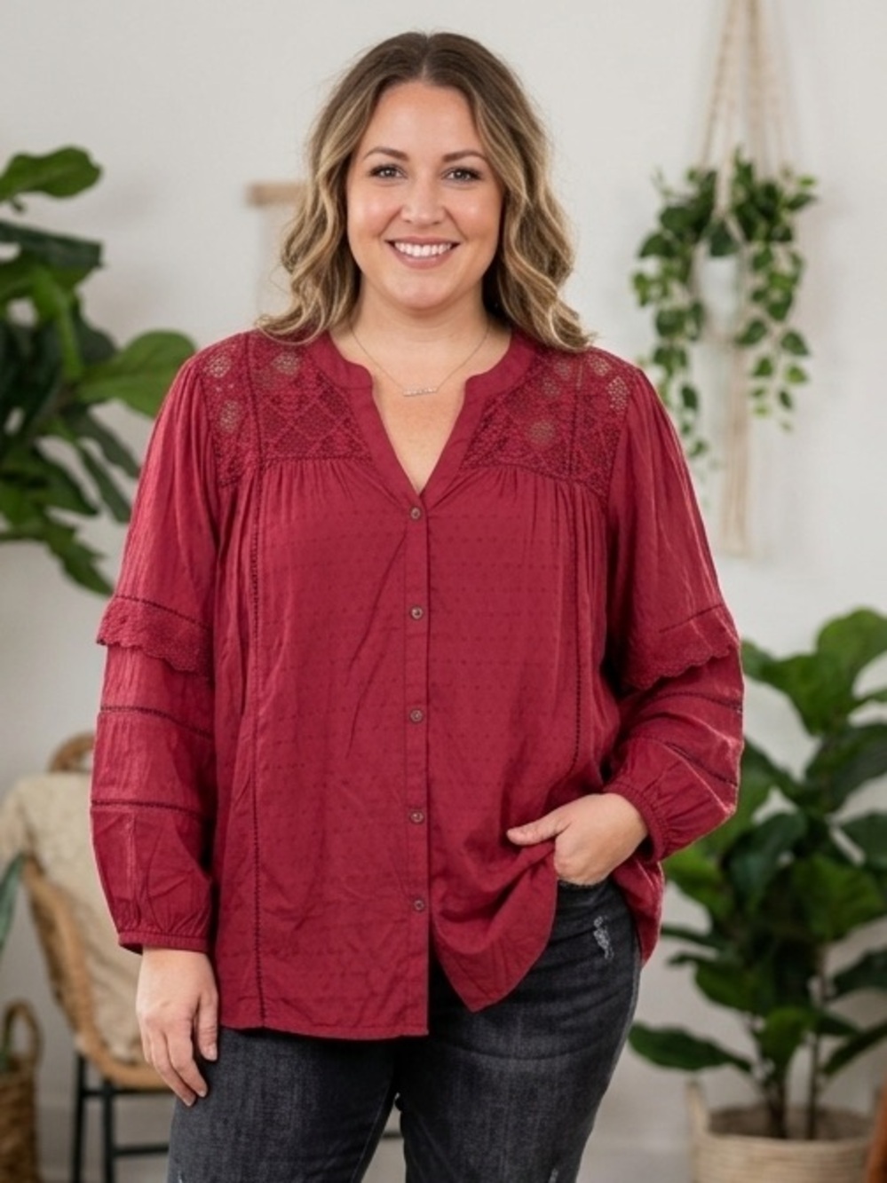 Knox Rose NWT Red Swiss Dot Lace Inset Boho Blouse 3X Plus Size Button Front